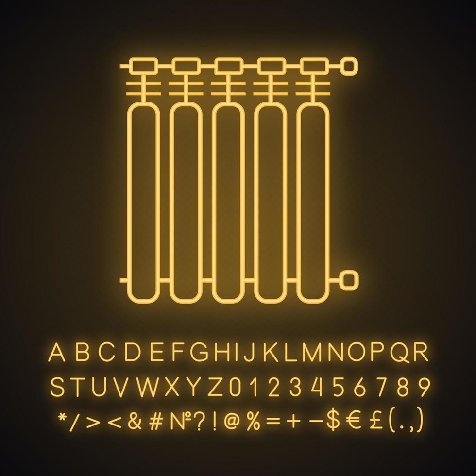 radiator neonlicht icoon. verwarmingsbatterij. verwarming. gloeiend bord met alfabet, cijfers en symbolen. vector geïsoleerde illustratie