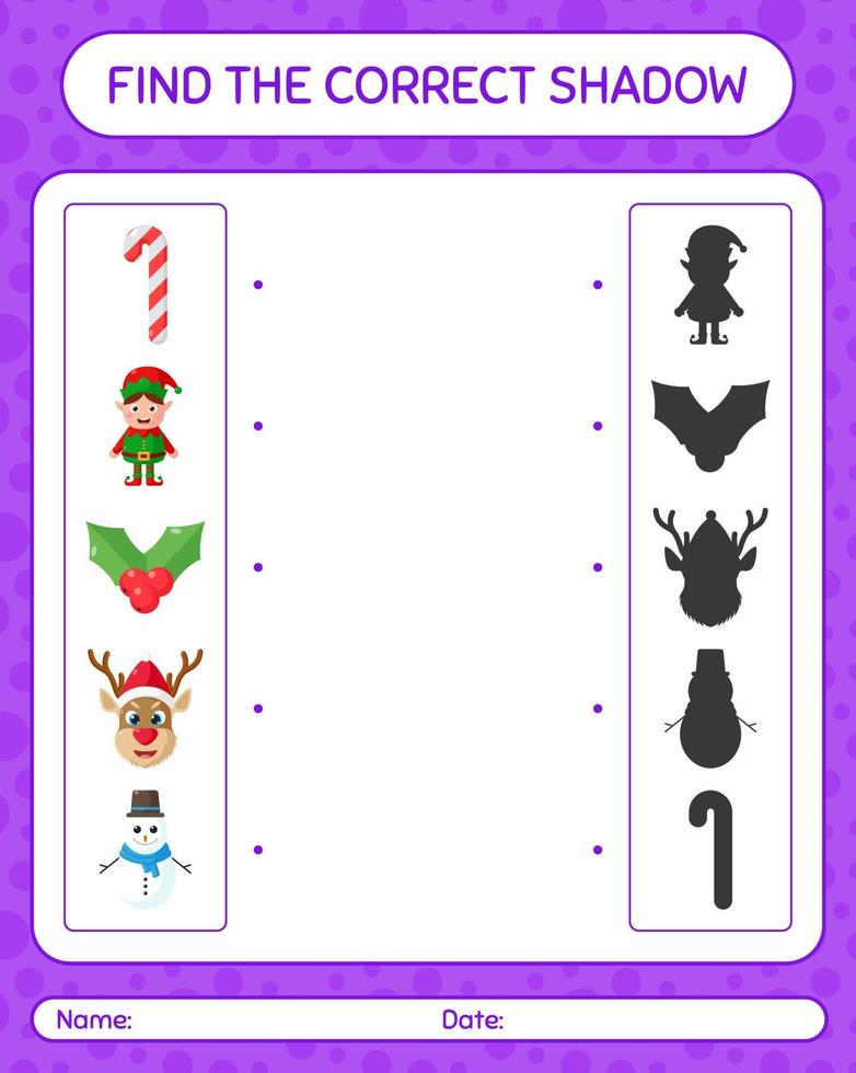 vind het juiste schaduwspel met het kerstpictogram. werkblad voor kleuters, activiteitenblad voor kinderen vector