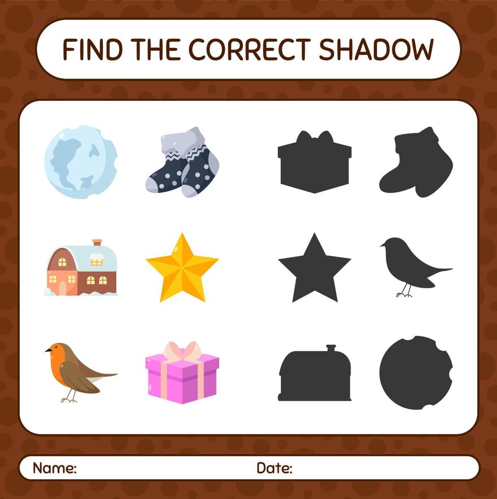 vind het juiste schaduwspel met het kerstpictogram. werkblad voor kleuters, activiteitenblad voor kinderen vector
