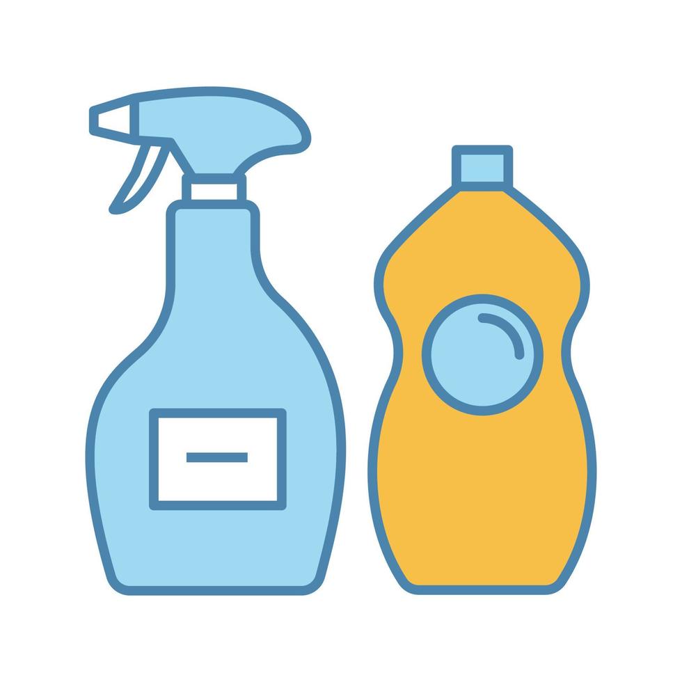 schoonmaak chemicaliën kleur icoon. glazenwasser, afwasmiddel. schoonmaakmiddelen voor badkamer, keuken, toilet. tegel, douchebakreiniger. geïsoleerde vectorillustratie vector