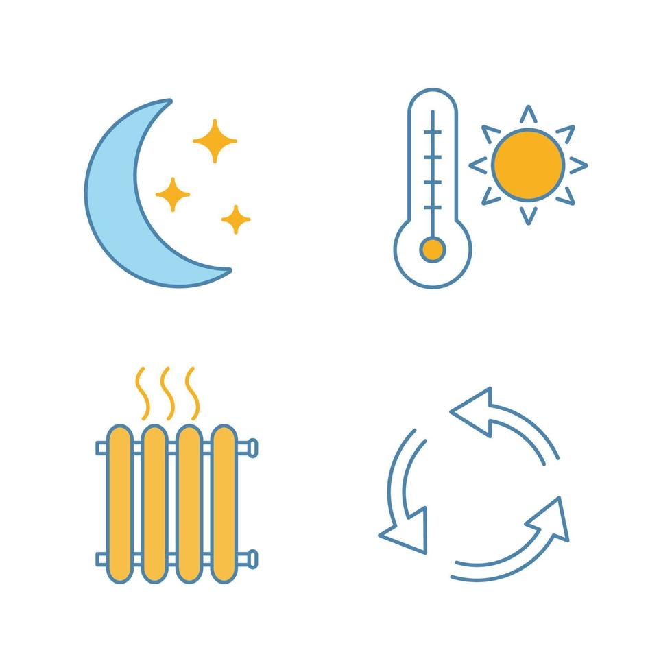 airconditioning gekleurde pictogrammen instellen. nachtklimaat, zomertemperatuur, radiator, ventilatie. geïsoleerde vectorillustraties vector
