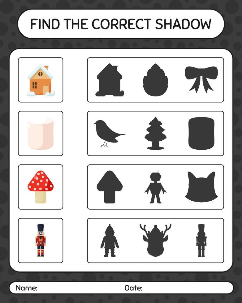 vind het juiste schaduwspel met het kerstpictogram. werkblad voor kleuters, activiteitenblad voor kinderen vector