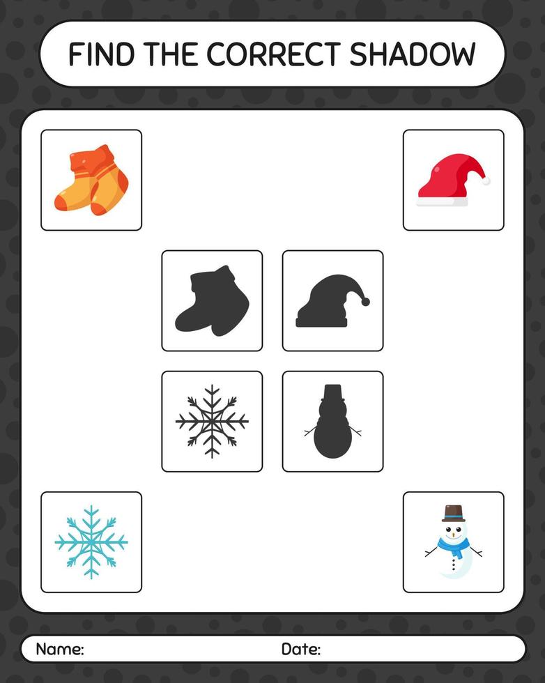 vind het juiste schaduwspel met het kerstpictogram. werkblad voor kleuters, activiteitenblad voor kinderen vector