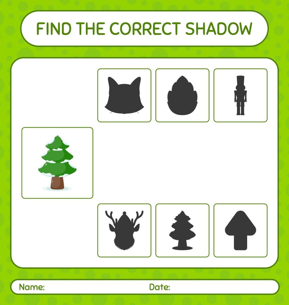 vind het juiste schaduwspel met dennenboom. werkblad voor kleuters, activiteitenblad voor kinderen vector