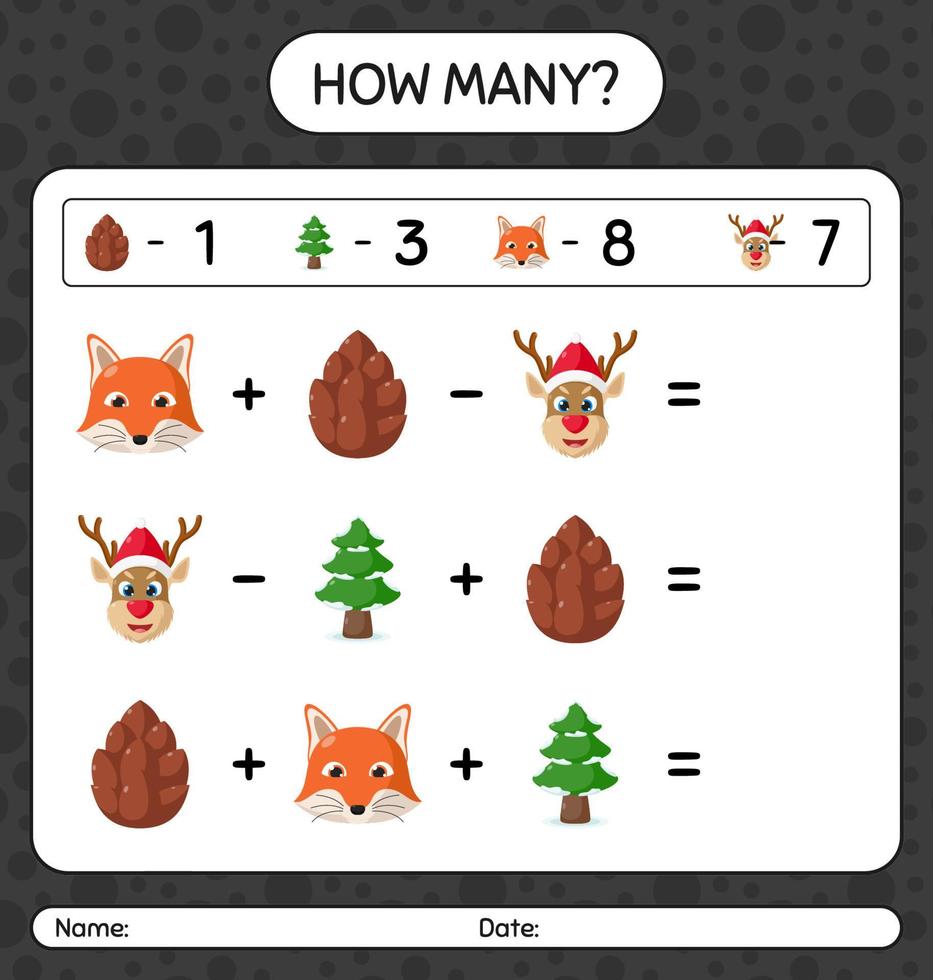 hoeveel telspel met kerstpictogram. werkblad voor kleuters, activiteitenblad voor kinderen vector