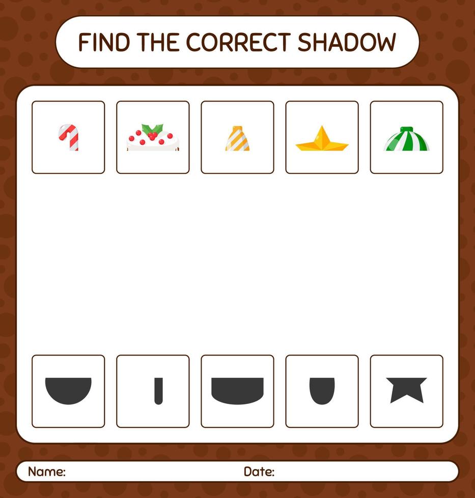 vind het juiste schaduwspel met het kerstpictogram. werkblad voor kleuters, activiteitenblad voor kinderen vector