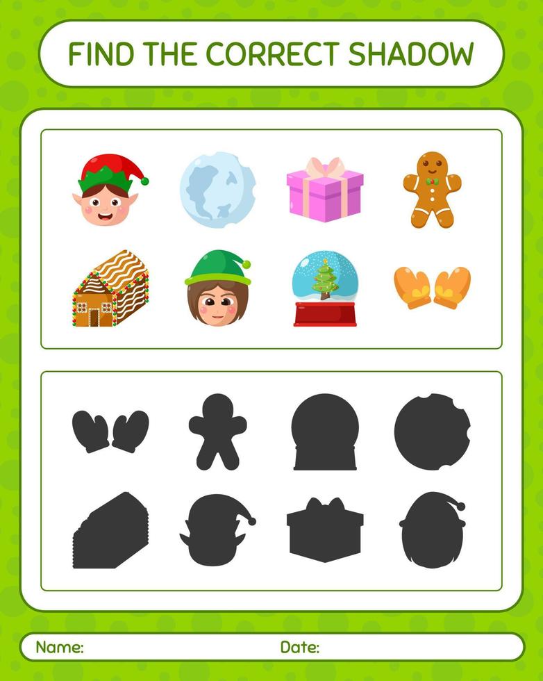 vind het juiste schaduwspel met het kerstpictogram. werkblad voor kleuters, activiteitenblad voor kinderen vector