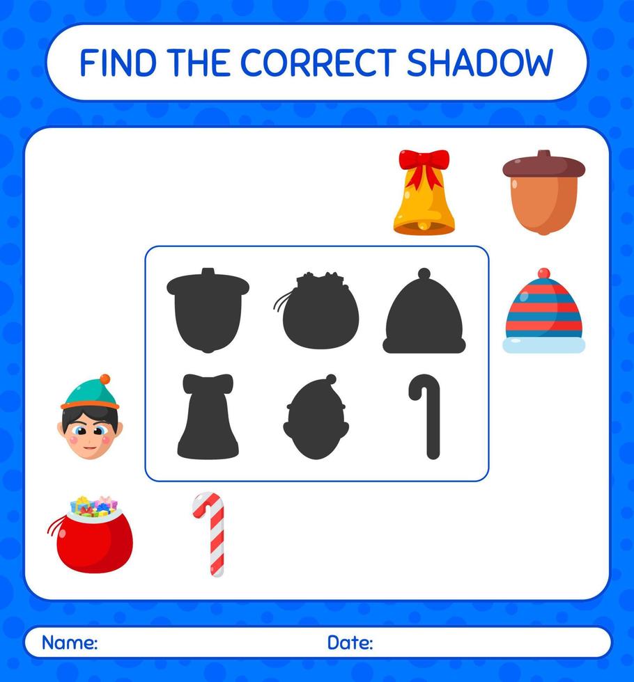 vind het juiste schaduwspel met het kerstpictogram. werkblad voor kleuters, activiteitenblad voor kinderen vector