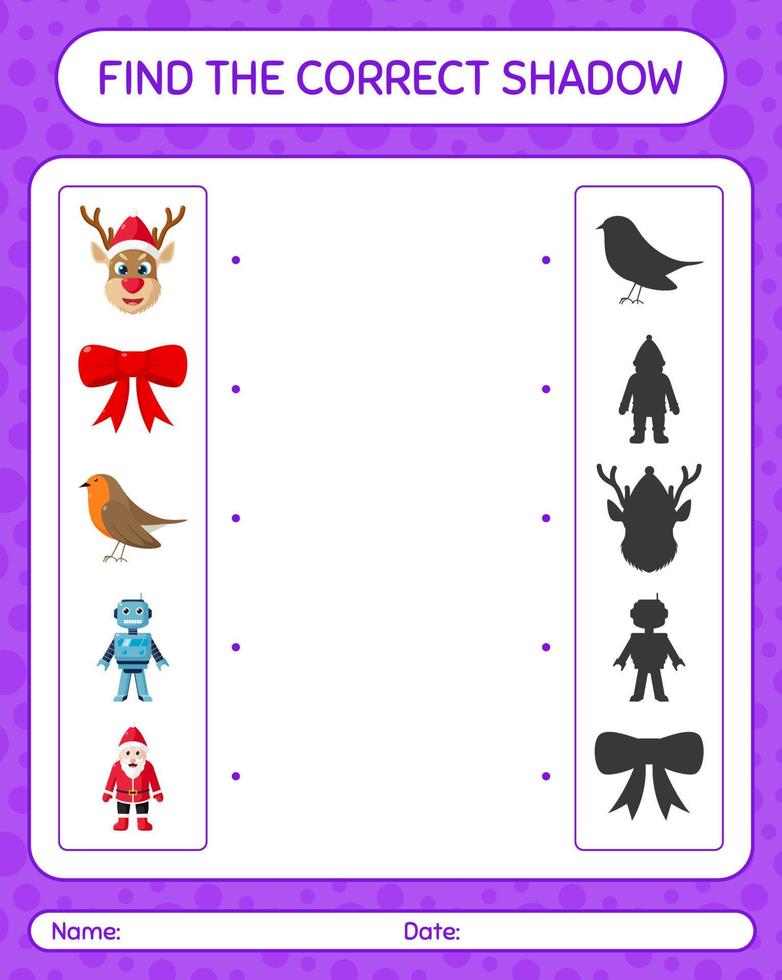 vind het juiste schaduwspel met het kerstpictogram. werkblad voor kleuters, activiteitenblad voor kinderen vector