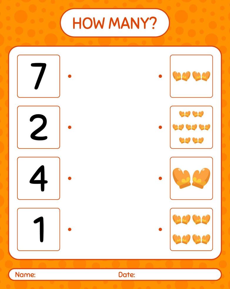 hoeveel tellen spel met handschoen. werkblad voor kleuters, activiteitenblad voor kinderen vector