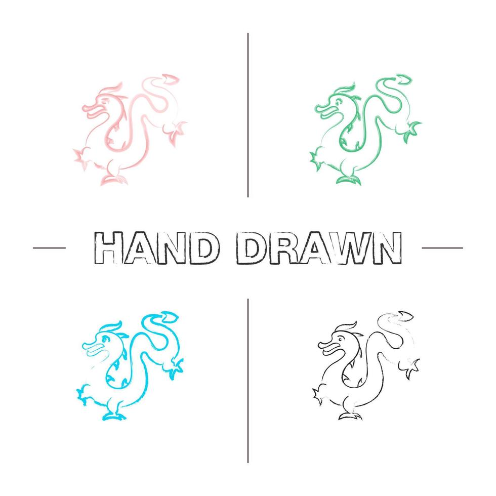 Chinees Nieuwjaar hand getekende pictogrammen instellen. Chinese draak. kleur penseelstreek. geïsoleerde vector schetsmatige illustraties