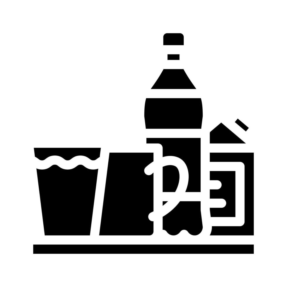 water en melk, thee en sap drankjes op dienblad glyph pictogram vectorillustratie vector