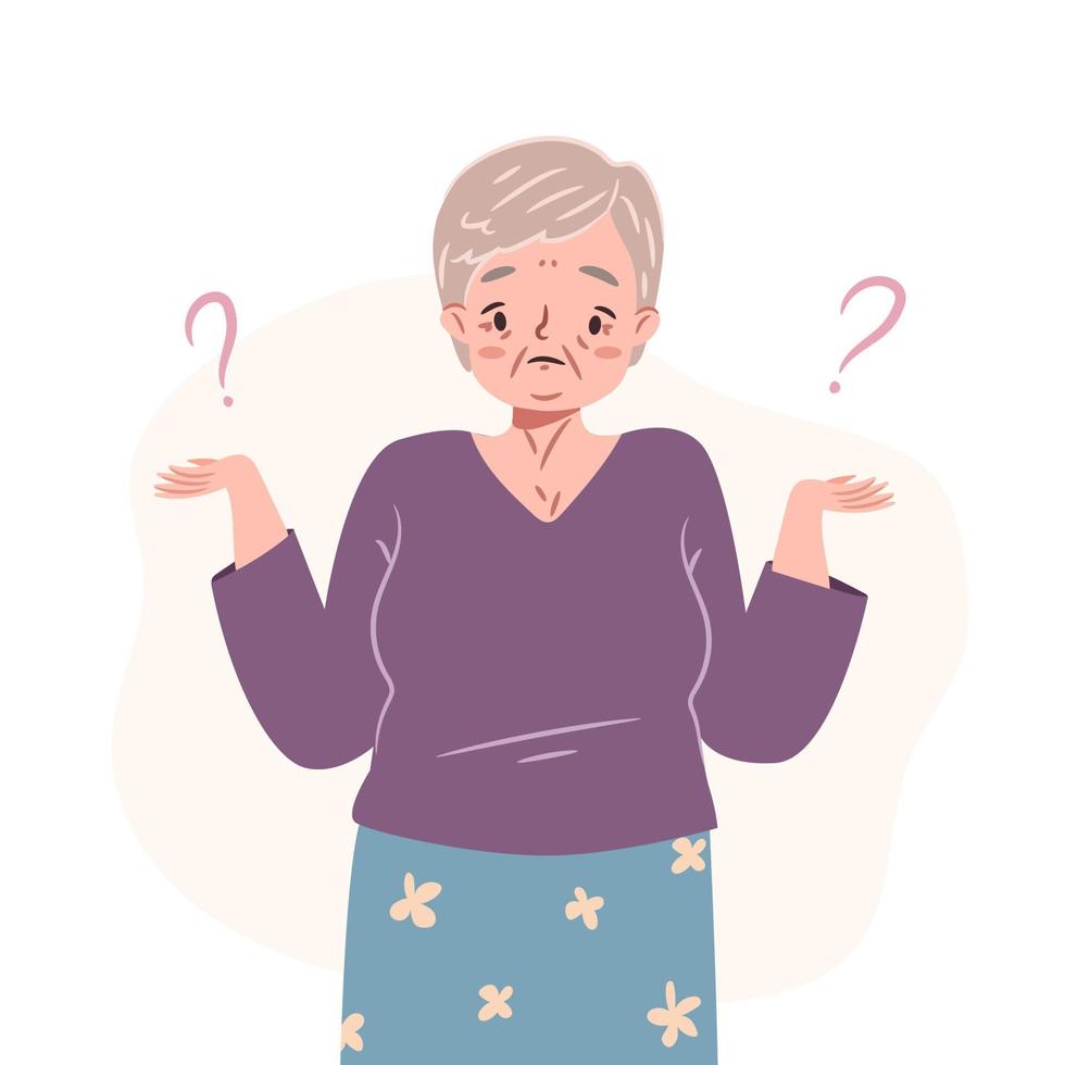 verwarde oude vrouw. geïsoleerde senior vrouw in twijfel, denkend aan dilemma. verbaasde oudere dame die haar schouders ophaalt. platte karakter vectorillustratie. vector