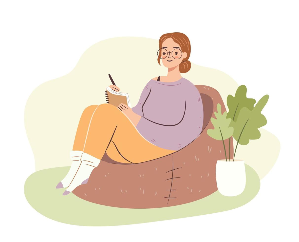 jonge vrouw in zak stoel studeren. student meisje schrijven in notitieblok, journaling. hygge-thuissfeer. platte vectorillustratie vector