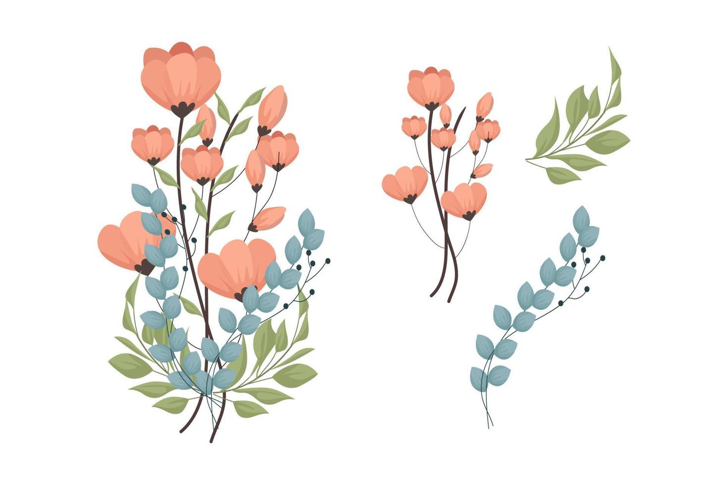 een verscheidenheid aan kleurrijke arrangementen van prachtige bladeren en bloemen vector