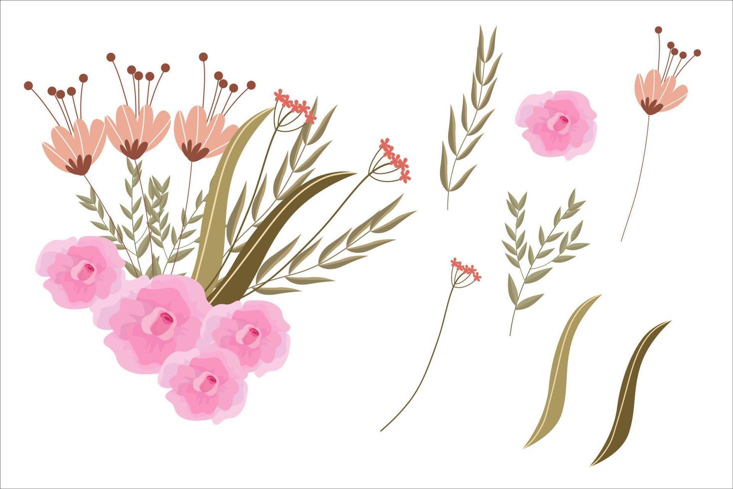 set roze bloemenelementen en arrangementen vector