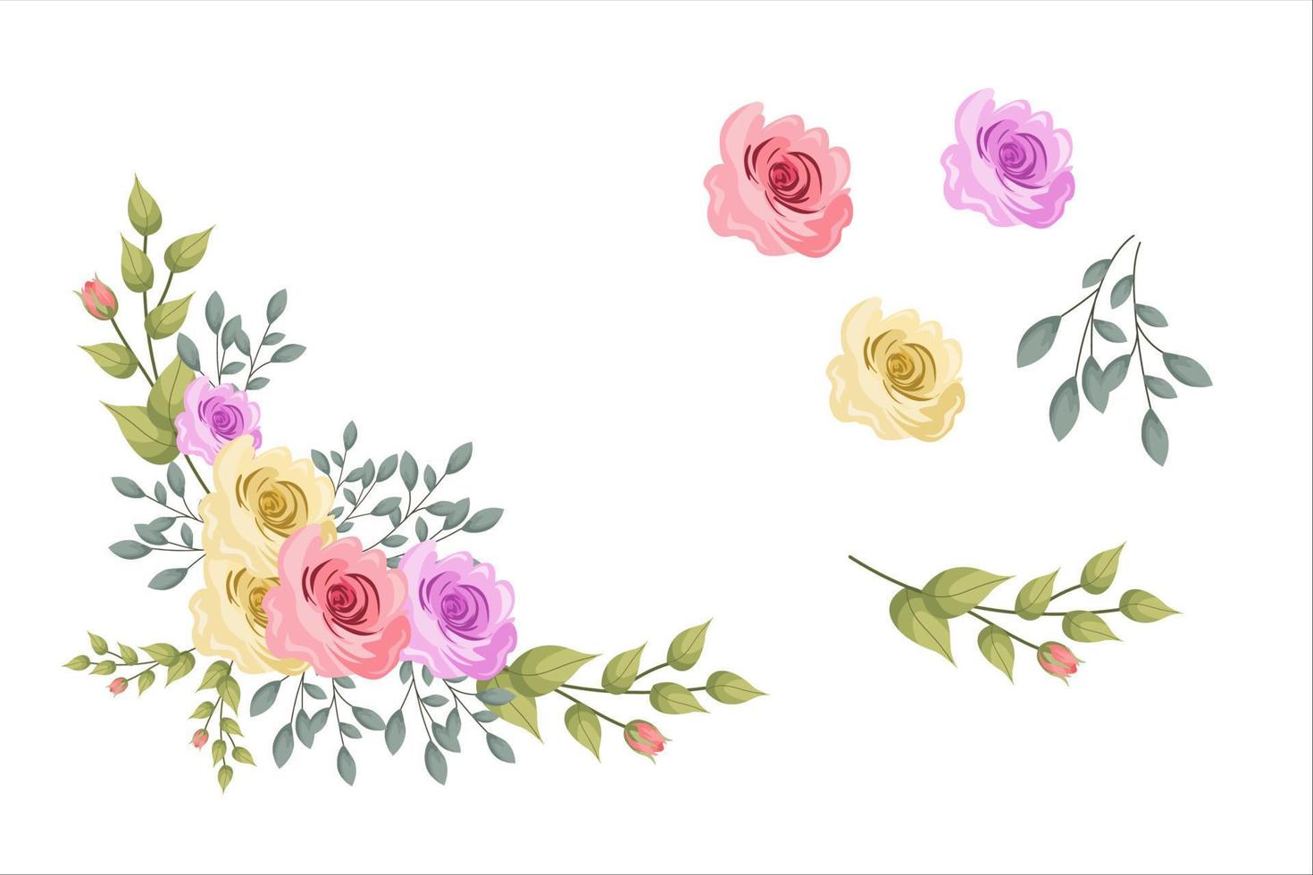 set roze bruine bloemen en groen blad clipart geïsoleerd vector