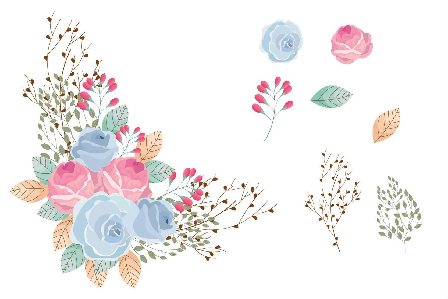 set van blauw roze bloemen en groen bruin blad clipart geïsoleerd vector