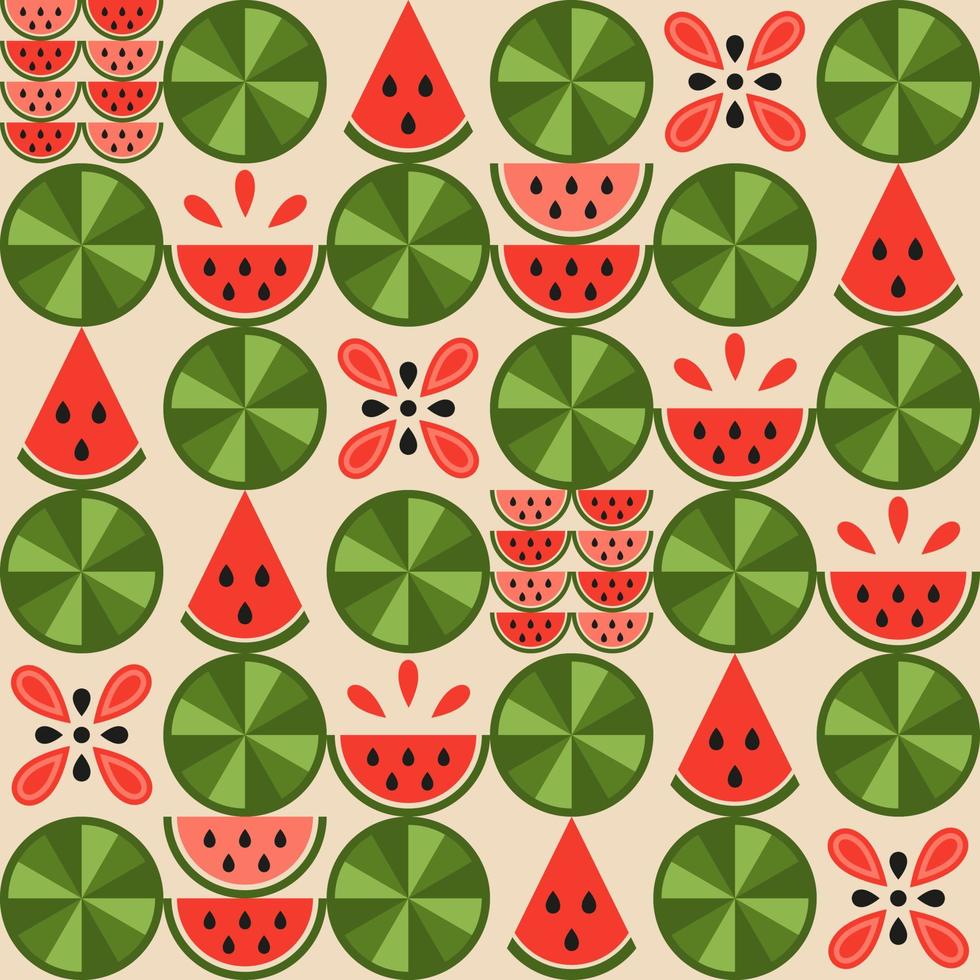 naadloos verspringend patroon met watermeloenelementen, verschillende eenvoudige geometrische vormen. bladeren, plakjes watermeloen. goed voor decoratie van voedselpakket, omslagontwerp, decoratieve print, achtergrondvector vector