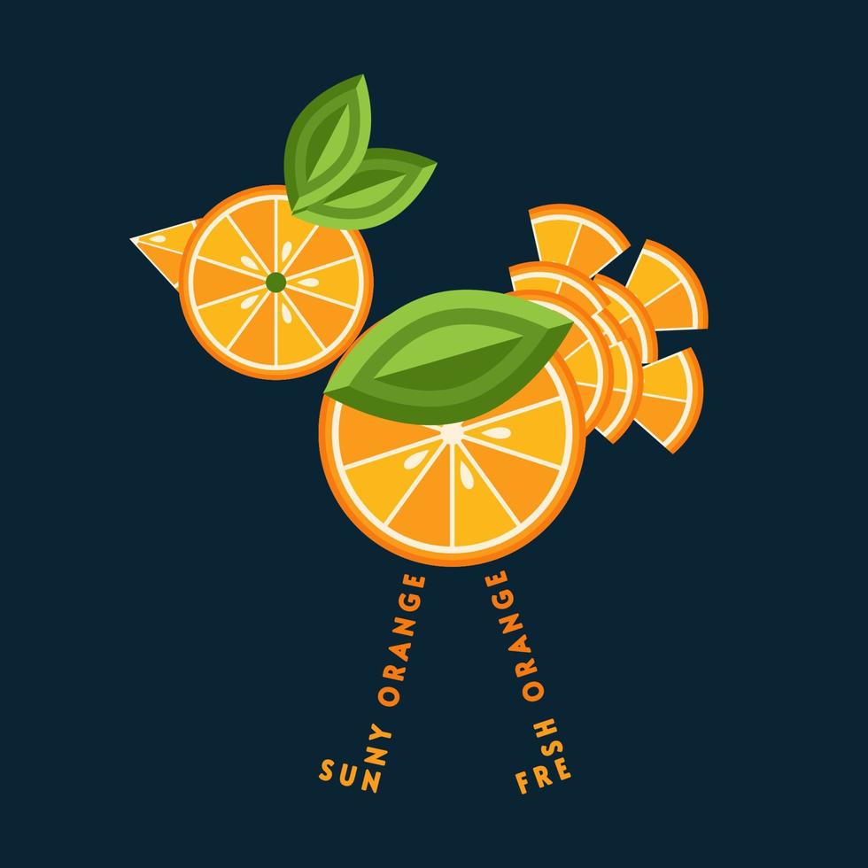 grappige vogel gemaakt van stukjes sinaasappel, groene bladeren, tekst. goed voor decoratie van voedselverpakkingen, boodschappen, landbouwwinkels, reclame. vlakke stijl vector
