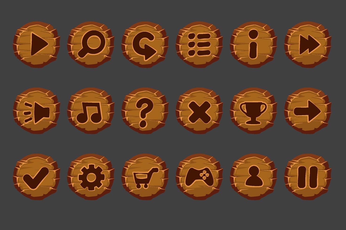 set oude houten knoppen voor het spelmenu. geïsoleerde vector knoppen en pictogrammen voor interface.