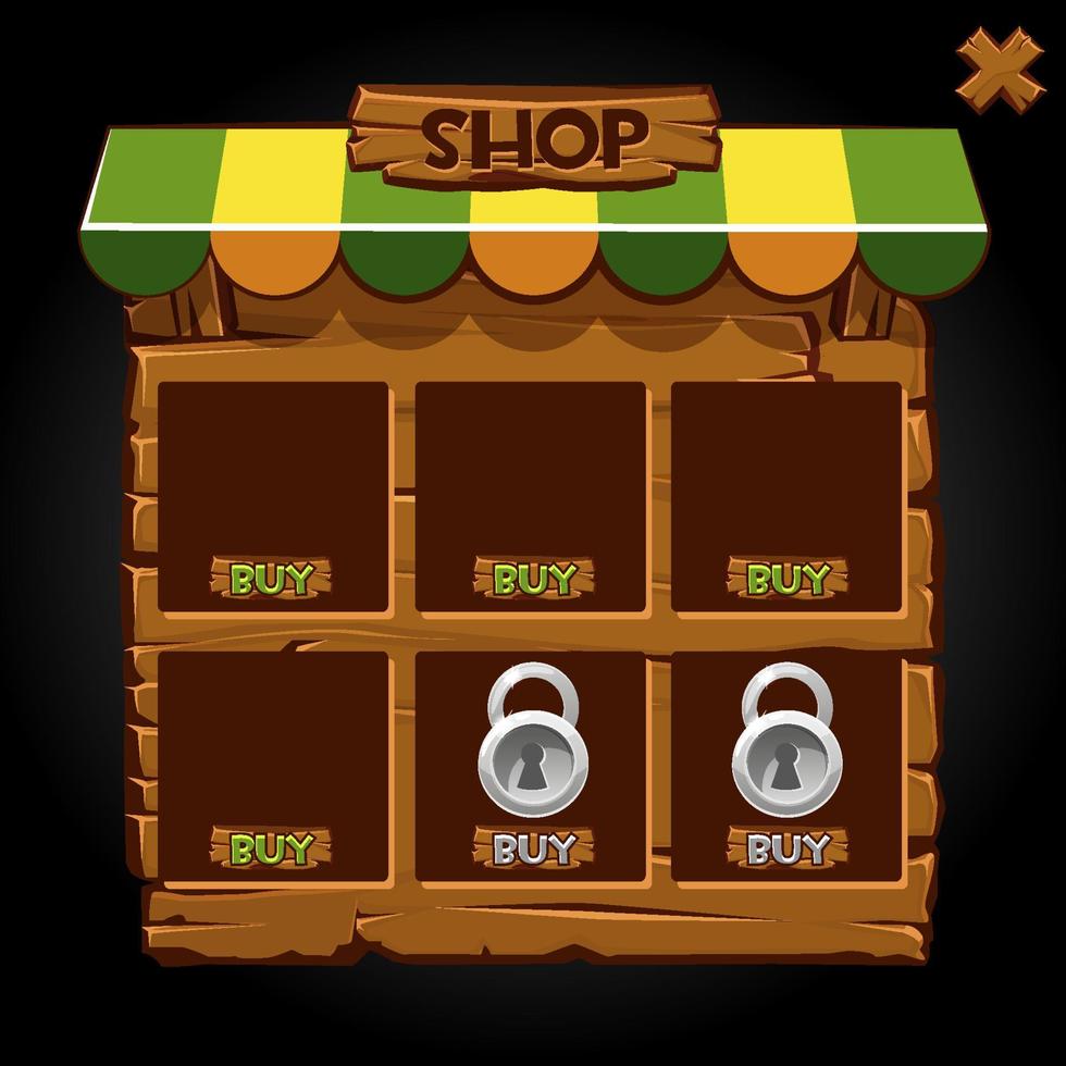 houten pop-upvensterbannerwinkel voor games. vectorillustratie van winkel, koop, vergrendelingspictogrammen. vector