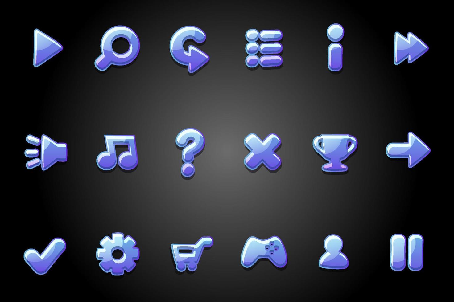 blauwe glanzende knoppen, ronde pictogrammen voor het spel. vectorset van heldere knoptekens voor de grafische menuinterface. vector