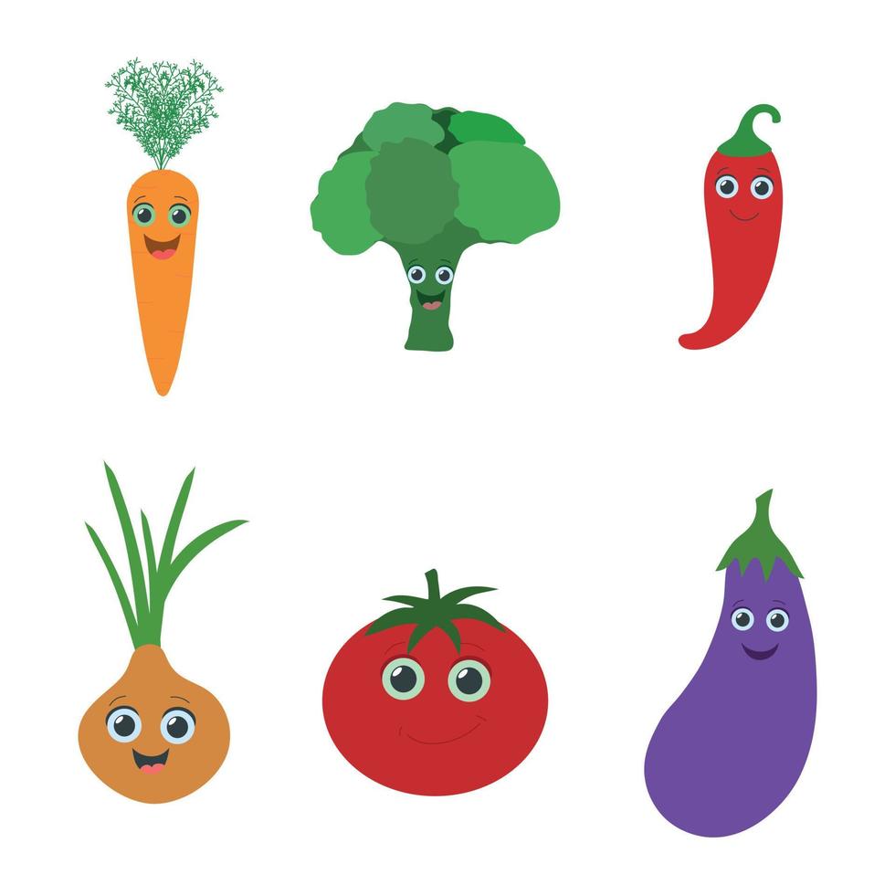 grappige groenten en fruit met ogen in een vlakke stijl. wortel. broccoli. een tomaat. aubergine. tsibulya. peper. geïsoleerde illustratie op wit. vector