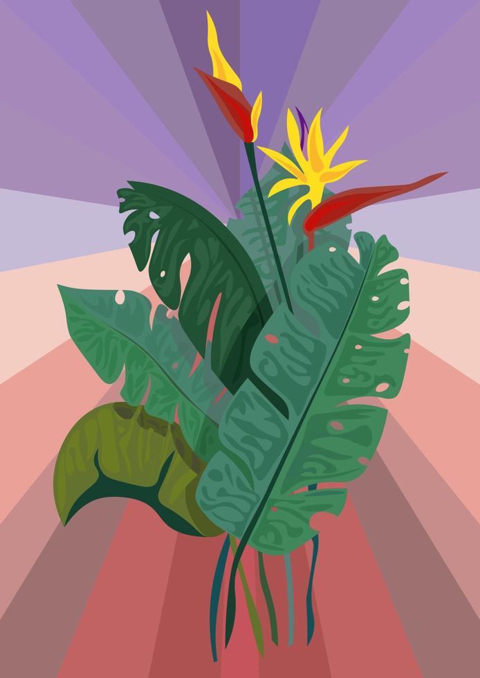 vectorbananenbladeren. tropische palmbladeren. exotisch palmbananenblad op een heldere regenboogachtergrond vector