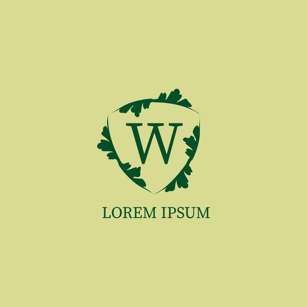 letter w alfabetische logo ontwerpsjabloon geïsoleerd op groen beige kleur. decoratieve bloemen schild teken illustratie. natuurwacht, beveiligingslogo concept. vector