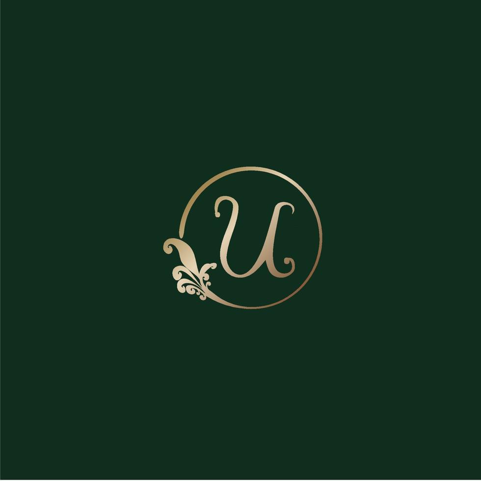 letter u decoratieve alfabet logo geïsoleerd op groene achtergrond. luxe gouden ring eerste abjad logo ontwerpsjabloon. elegante krul bloemen logo concept. eps 10 bestandsproject vector