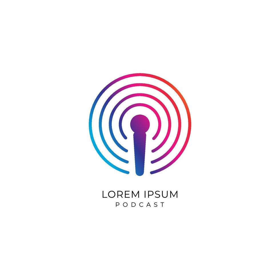 kleurrijke podcast logo ontwerpsjabloon. microfoonpictogram met signaalgolfillustratie. magenta, paarse, blauwe gradatiekleur vector
