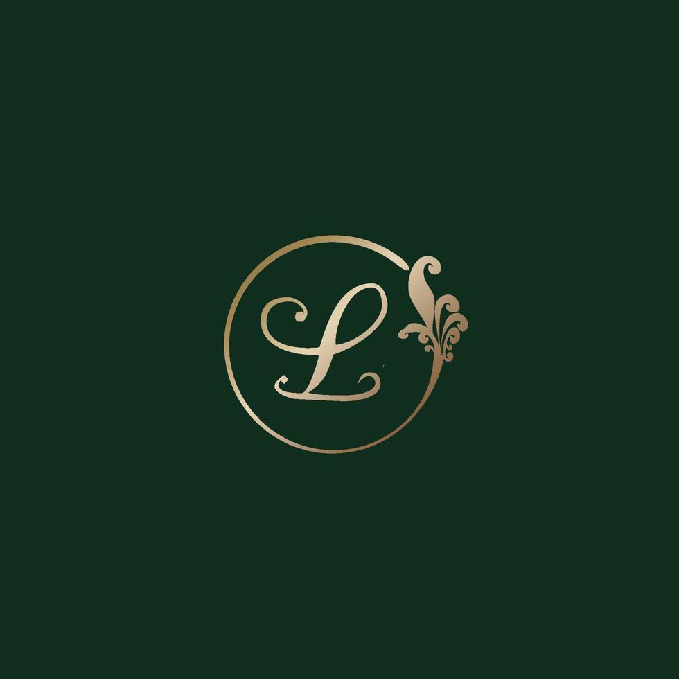 letter l decoratieve alfabet logo geïsoleerd op groene achtergrond. luxe gouden ring eerste abjad logo ontwerpsjabloon. elegante krul bloemen logo concept. eps 10 bestandsproject vector