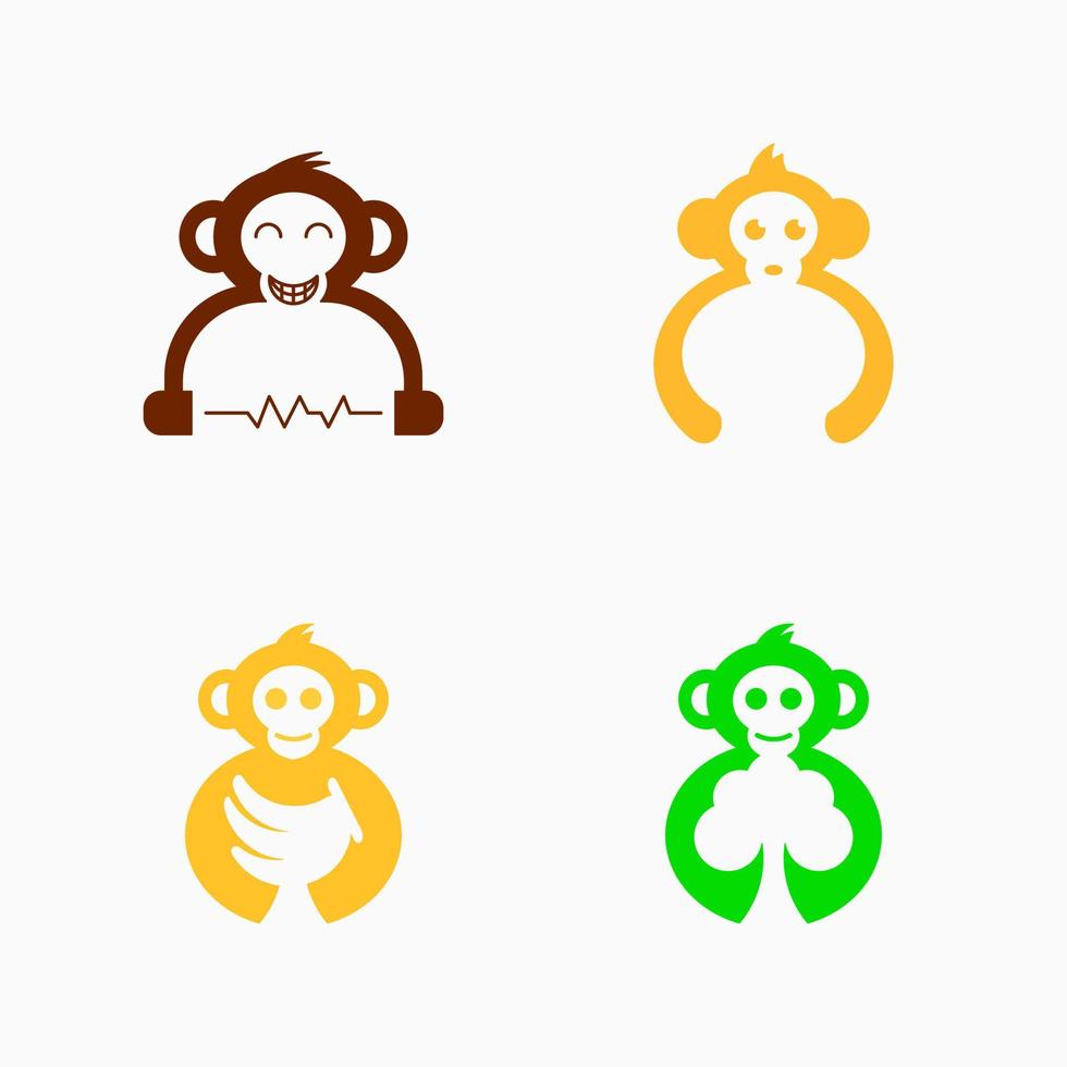 set van aap logo concept. combinatie met koptelefoon, banaan en boom. eenvoudige, minimalistische, negatieve ruimte, moderne, lijn en strakke stijl. geschikt voor logo, icoon, symbool en teken vector