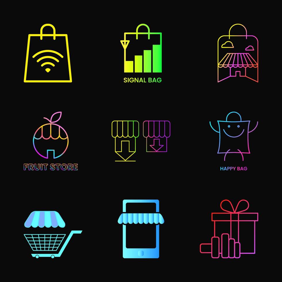 collectie van winkel en tas icoon. lijn, modern, verloop, combinatie en unieke stijl. geschikt voor logo, pictogram, symbool en teken. zoals online winkelpictogram vector