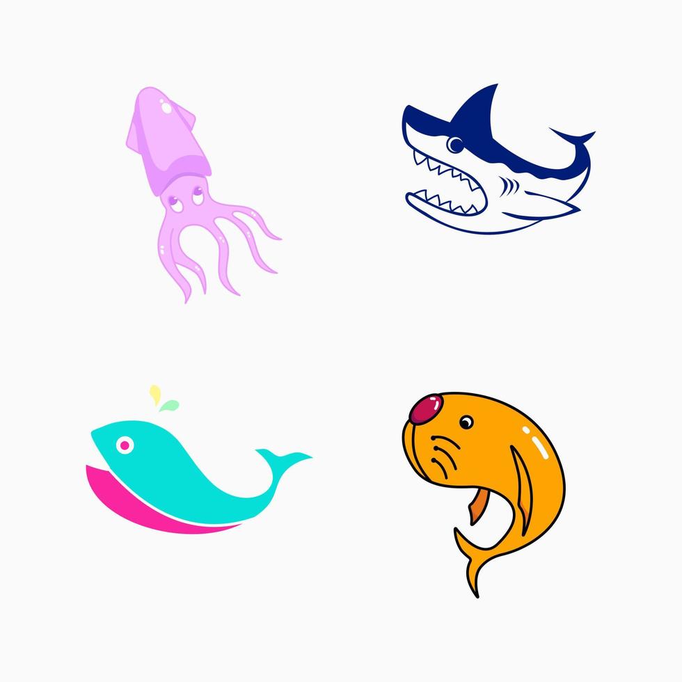 zee dier illustratie. zoals inktvis, haai, walvis en walrus. creatief, cartoon en eenvoudige stijl. geschikt voor logo, icoon, mascotte, symbool en teken vector