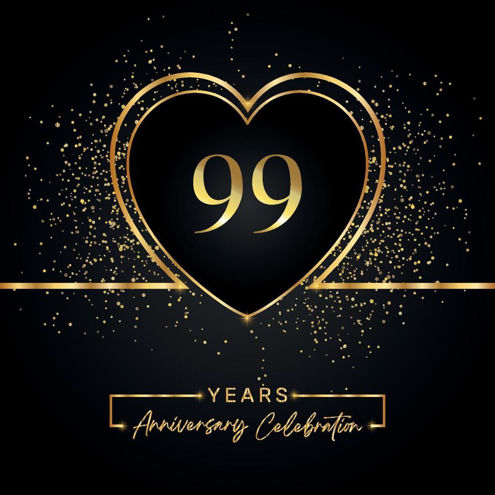 99 jaar Jubileumfeest met gouden hart en gouden Glitters op zwarte achtergrond. vectorontwerp voor begroeting, verjaardagsfeestje, bruiloft, evenementfeest. 99 jaar jubileumlogo vector