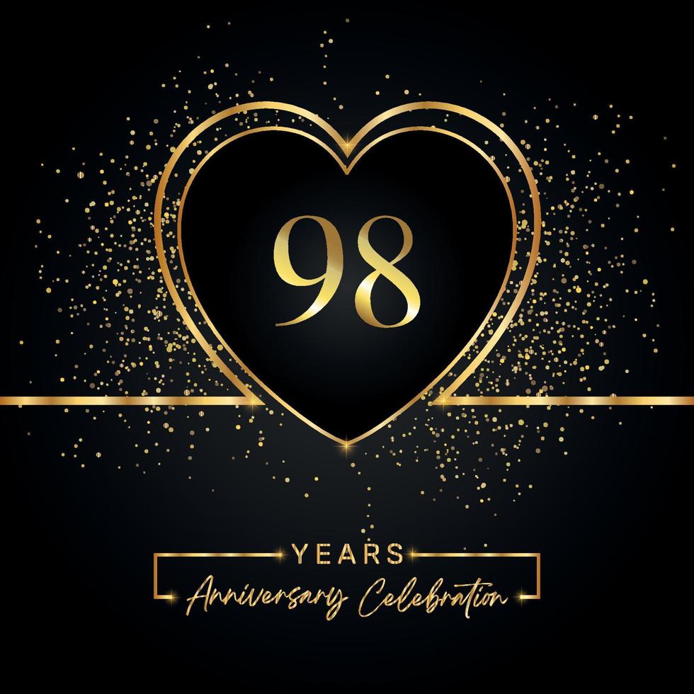 98 jaar Jubileumfeest met gouden hart en gouden Glitters op zwarte achtergrond. vectorontwerp voor begroeting, verjaardagsfeestje, bruiloft, evenementfeest. 98 jaar jubileumlogo vector