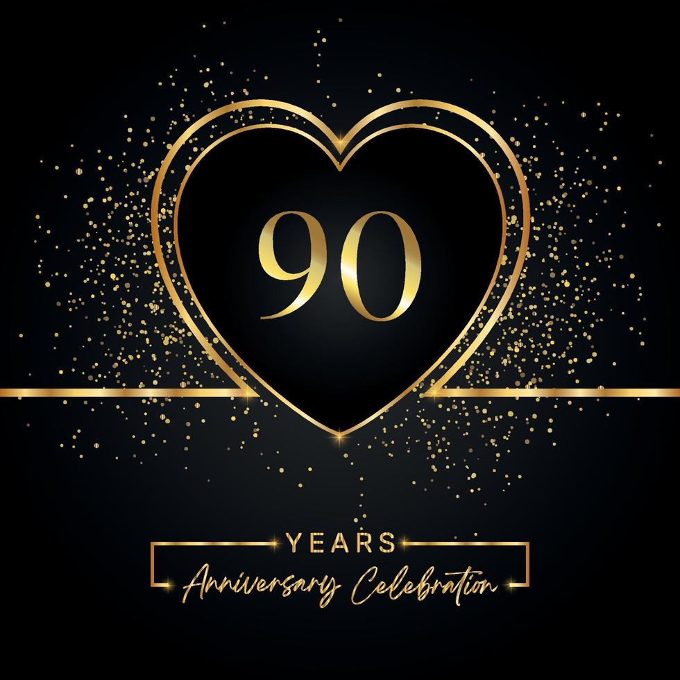 90 jaar Jubileumfeest met gouden hart en gouden Glitters op zwarte achtergrond. vectorontwerp voor begroeting, verjaardagsfeestje, bruiloft, evenementfeest. 90 jaar jubileumlogo vector