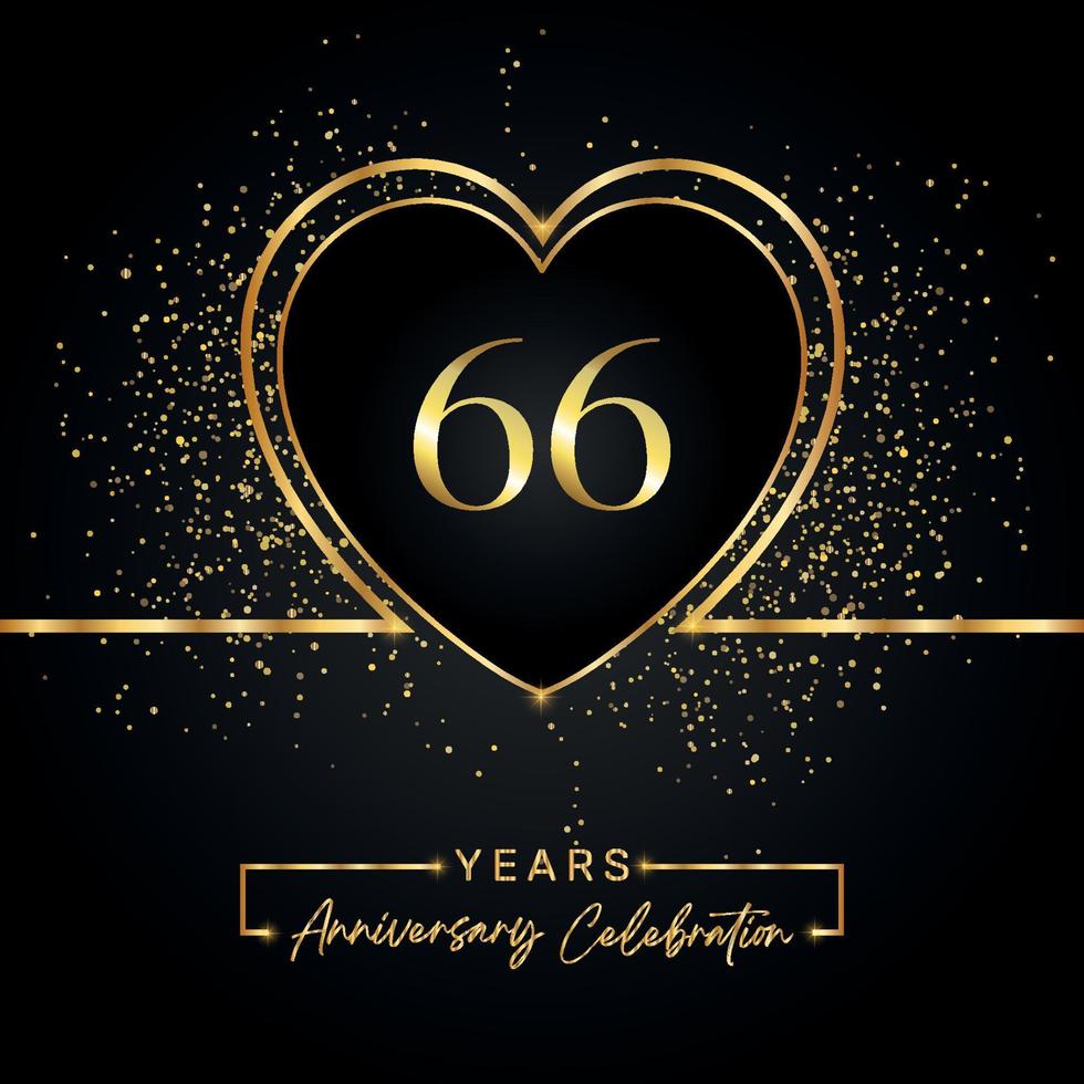 66 jaar Jubileumfeest met gouden hart en gouden Glitters op zwarte achtergrond. vectorontwerp voor begroeting, verjaardagsfeestje, bruiloft, evenementfeest. 66 jaar jubileumlogo vector