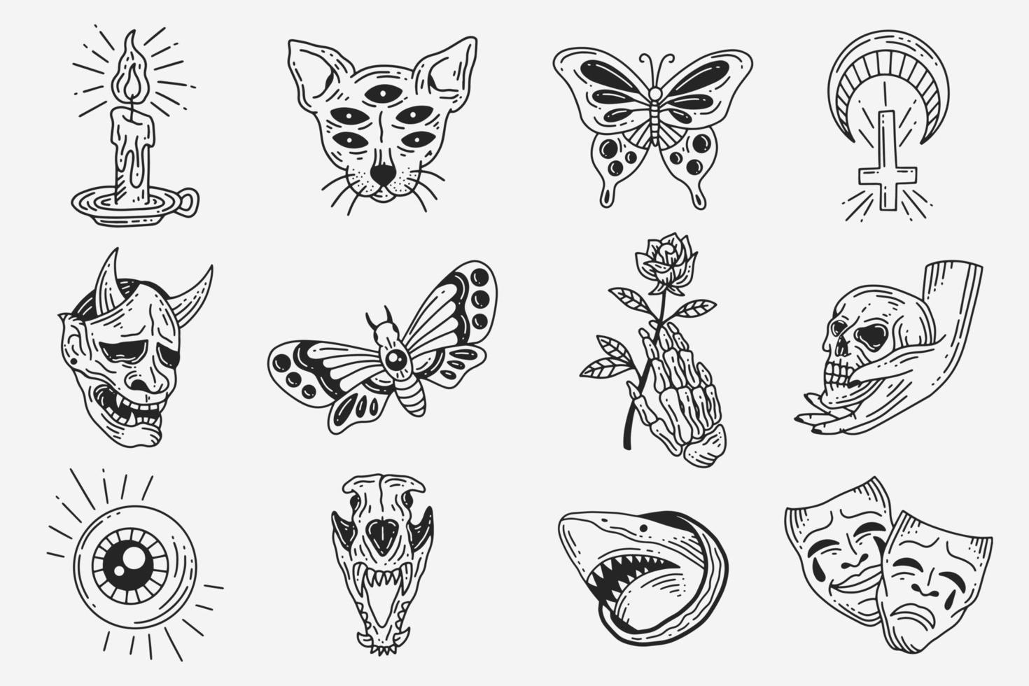 instellen collectie mystiek hemels donker heilig eenvoudig minimalisme tatoeage clipart symbool ruimte doodle esoterische elementen vintage illustratie vector