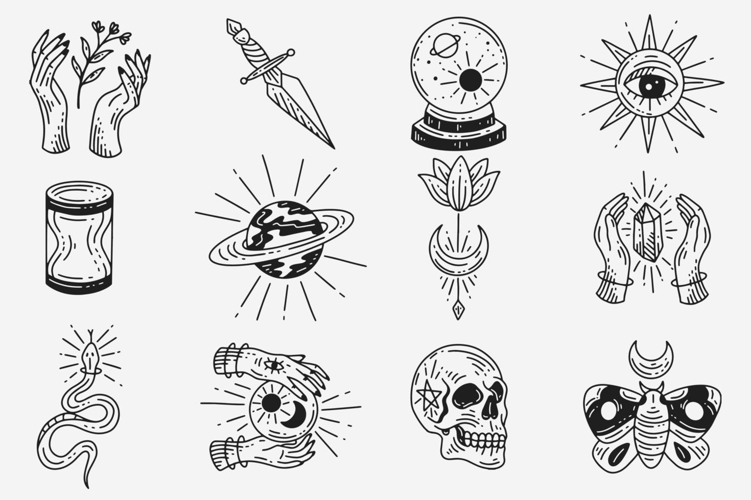 instellen collectie mystiek hemels donker heilig eenvoudig minimalisme tatoeage clipart symbool ruimte doodle esoterische elementen vintage illustratie vector