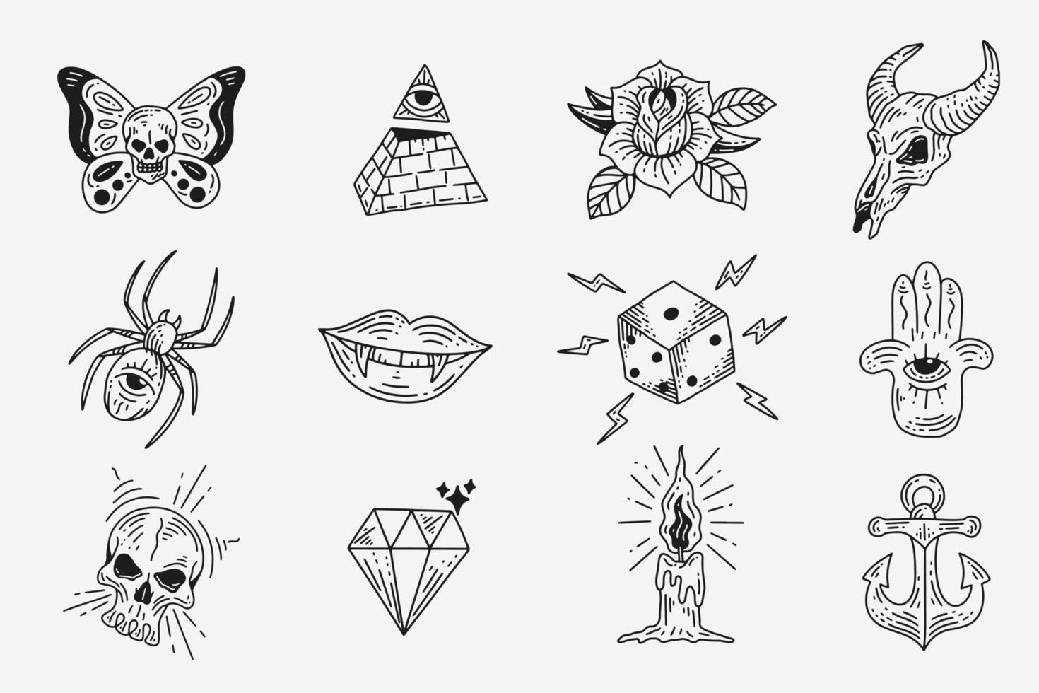 instellen collectie mystiek hemels donker heilig eenvoudig minimalisme tatoeage clipart symbool ruimte doodle esoterische elementen vintage illustratie vector