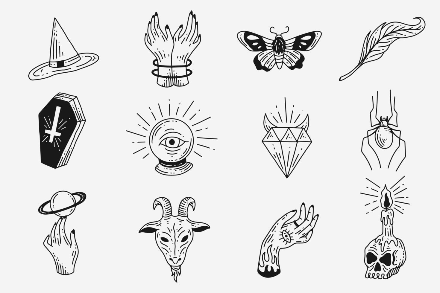 instellen collectie mystiek hemels donker heilig eenvoudig minimalisme tatoeage clipart symbool ruimte doodle esoterische elementen vintage illustratie vector