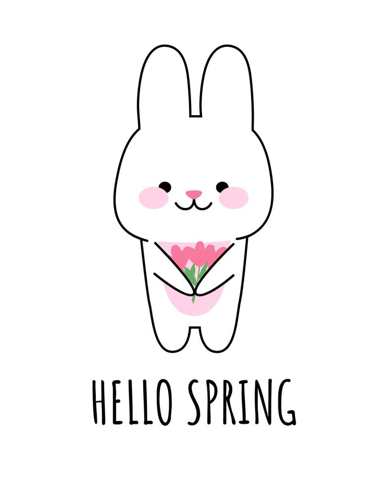 gelukkig schattig konijntje met bloemen. de inscriptie hallo lente. vector kawaii illustratie voor prenten, ansichtkaarten, banners, sjablonen.