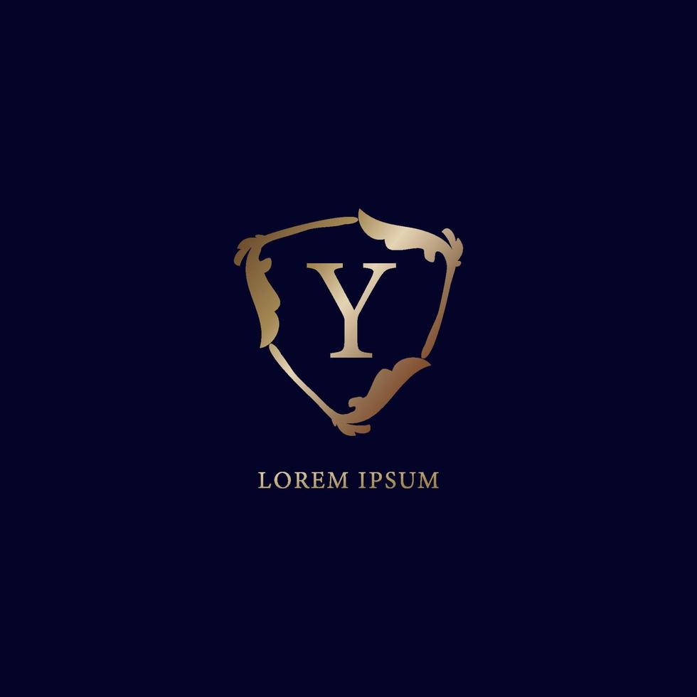 letter y alfabetische logo ontwerpsjabloon. decoratieve bloemen schild teken illustratie. luxe metalen gouden beveiligingslogo concept. geïsoleerd op marineblauwe achtergrondgeluid vector