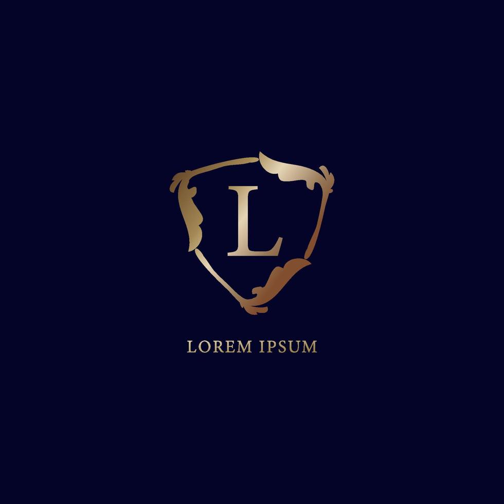 letter l alfabetisch logo ontwerpsjabloon. luxe metalen gouden beveiligingslogo concept. geïsoleerd op marineblauwe achtergrondgeluid. decoratieve bloemen schild teken illustratie vector