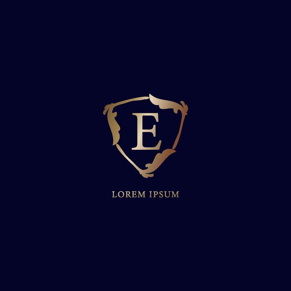 letter e alfabetische logo ontwerpsjabloon geïsoleerd op marineblauwe achtergrondgeluid. luxe metalen gouden beveiligingslogo concept. decoratieve bloemen schild teken illustratie vector