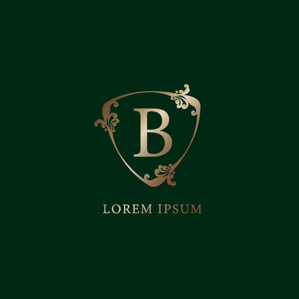 letter b alfabetisch logo ontwerpsjabloon. verzekering logo concept. luxe gouden decoratieve bloemen schild teken illustratie geïsoleerd op donkere groene achtergrond. vector