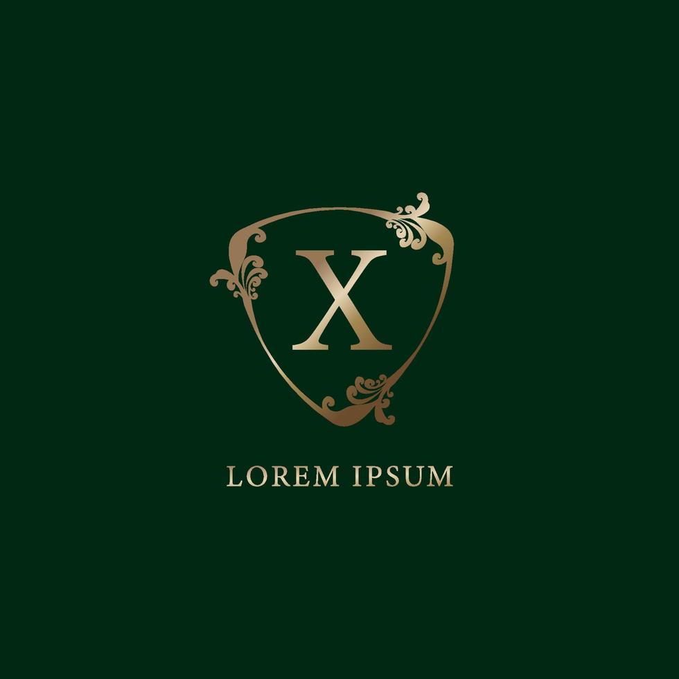 letter x alfabetisch logo ontwerpsjabloon. luxe gouden decoratieve bloemen schild teken illustratie. verzekering logo concept geïsoleerd op donkere groene achtergrond. vector